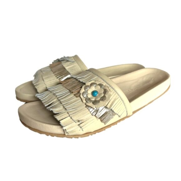 Manitobah Wasaga Fringe Slide US 10 Metallic Cream Turquoise Flower New - Picture 11 of 11